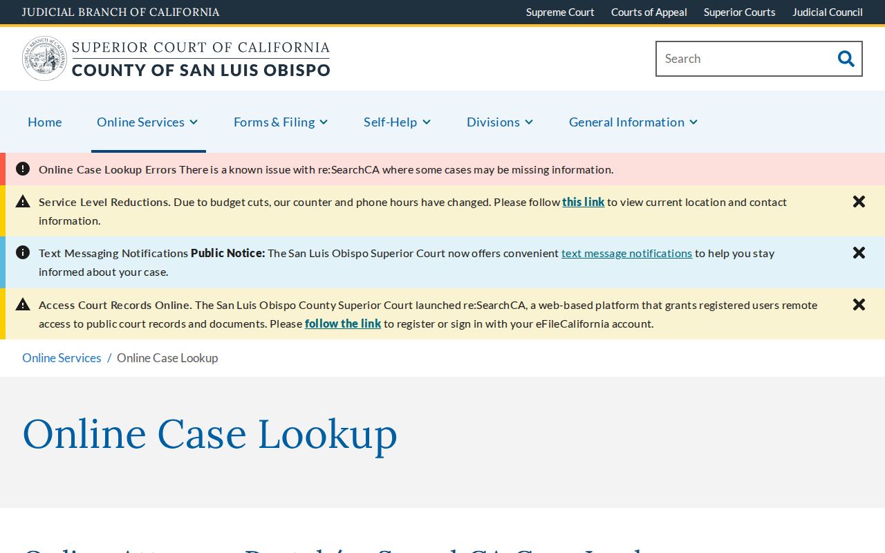 San Luis Obispo County people search through the Superior Court case lookup page