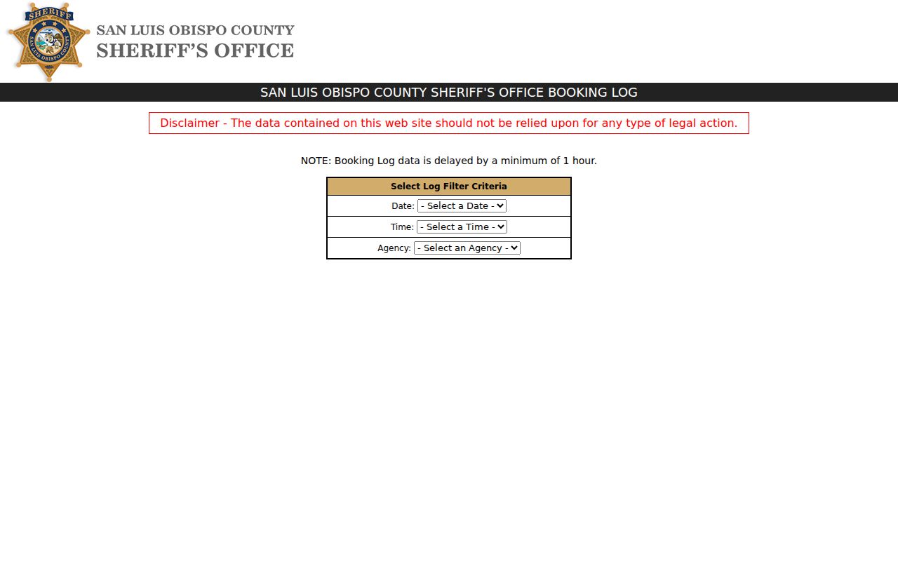 San Luis Obispo County people lookup in the Sheriff booking records log