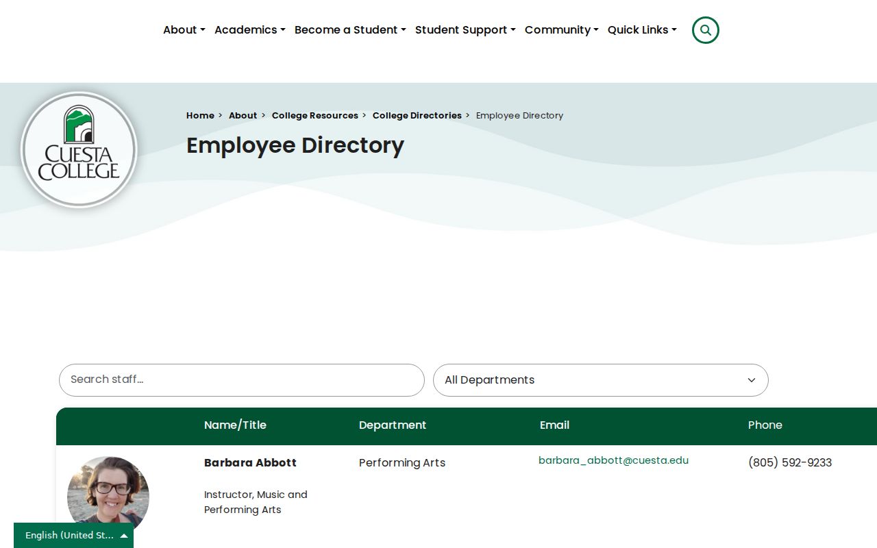 San Luis Obispo County people directories Cuesta College listing