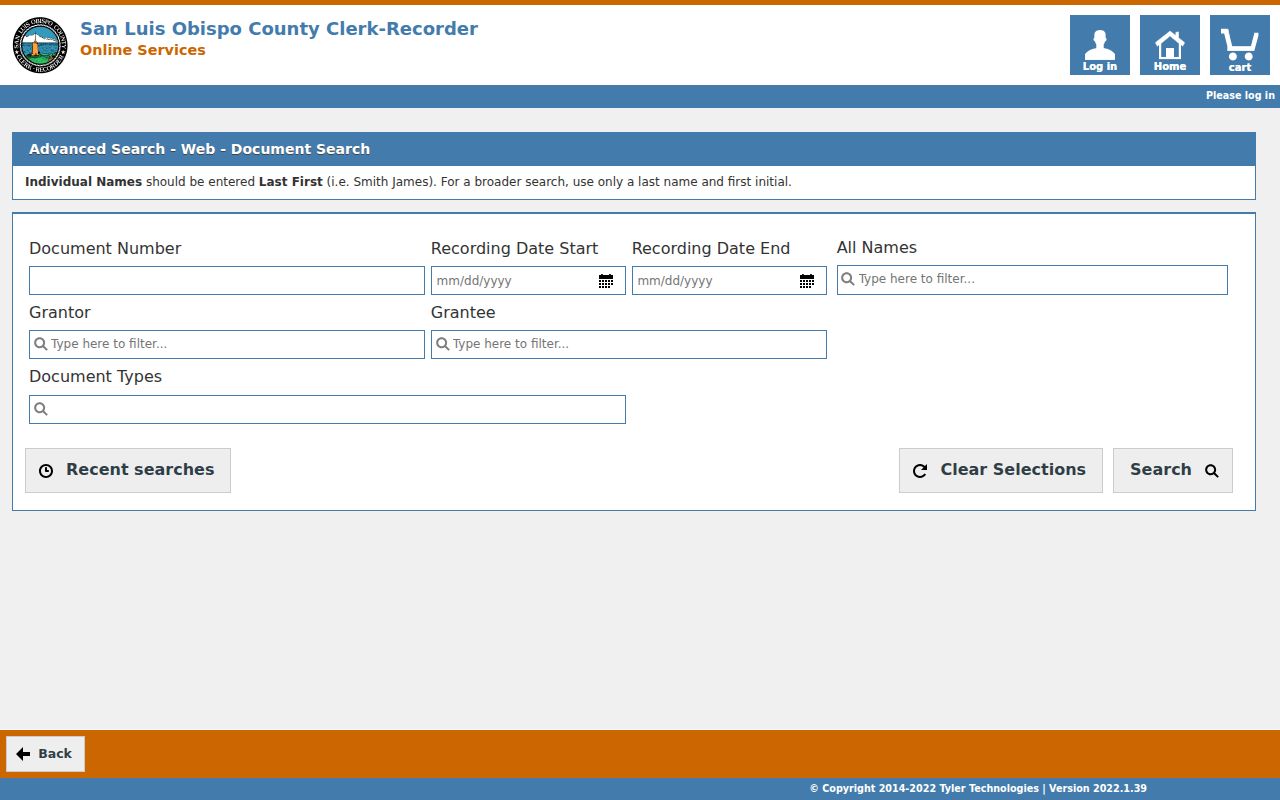 San Luis Obispo County records Advanced Search controls