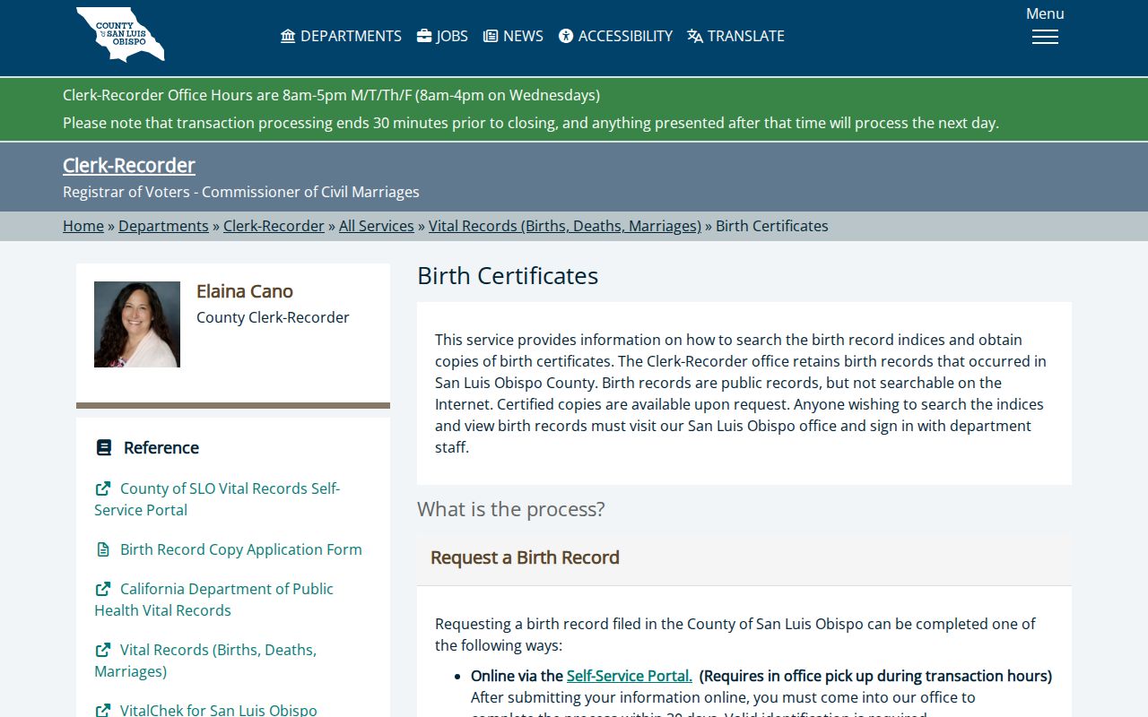 San Luis Obispo County records birth certificate eligibility page