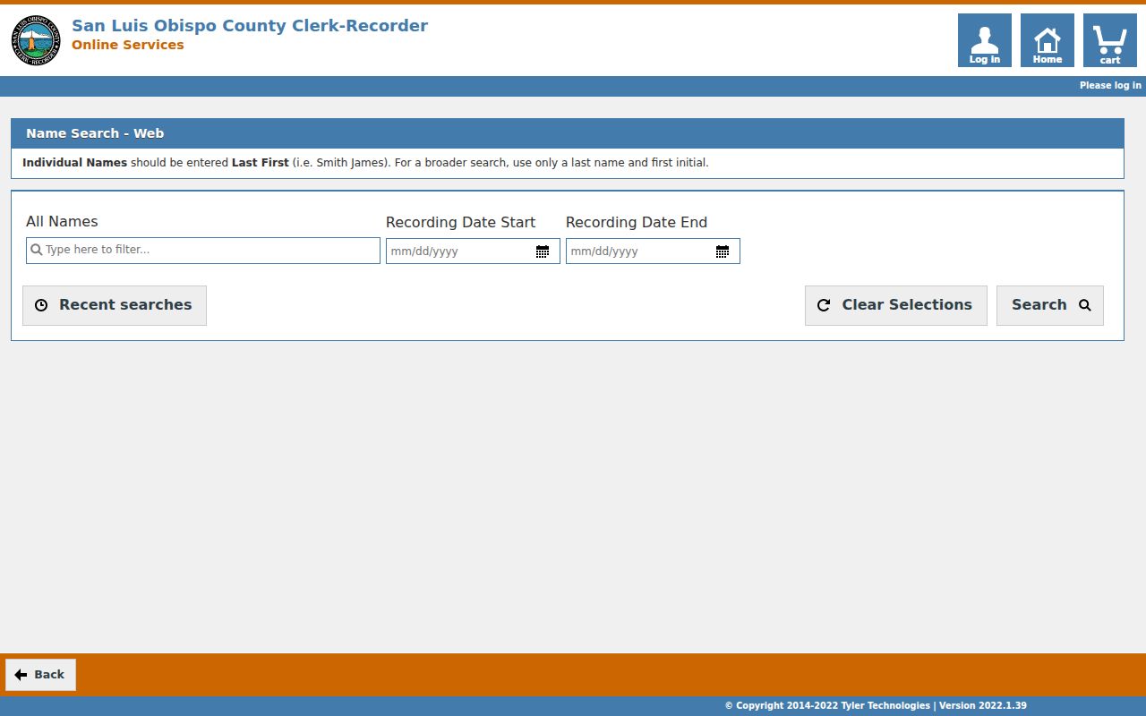 San Luis Obispo County records Name Search fields