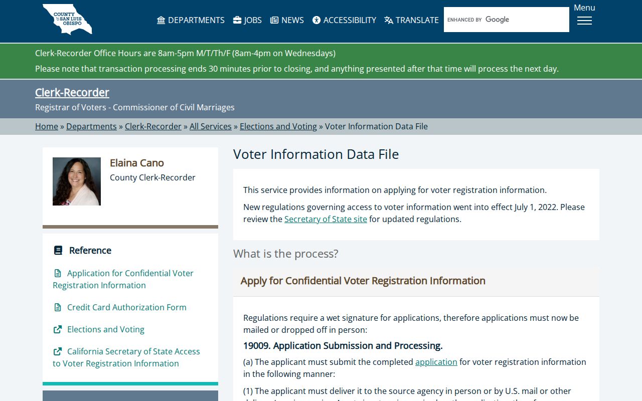 San Luis Obispo County voter registration records data file request instructions