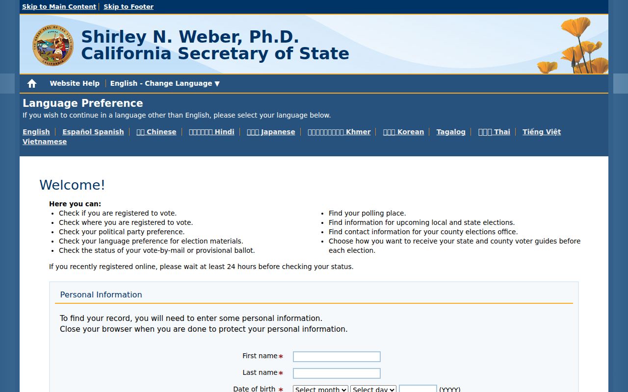 San Luis Obispo County voter registration records lookup on California My Voter Status